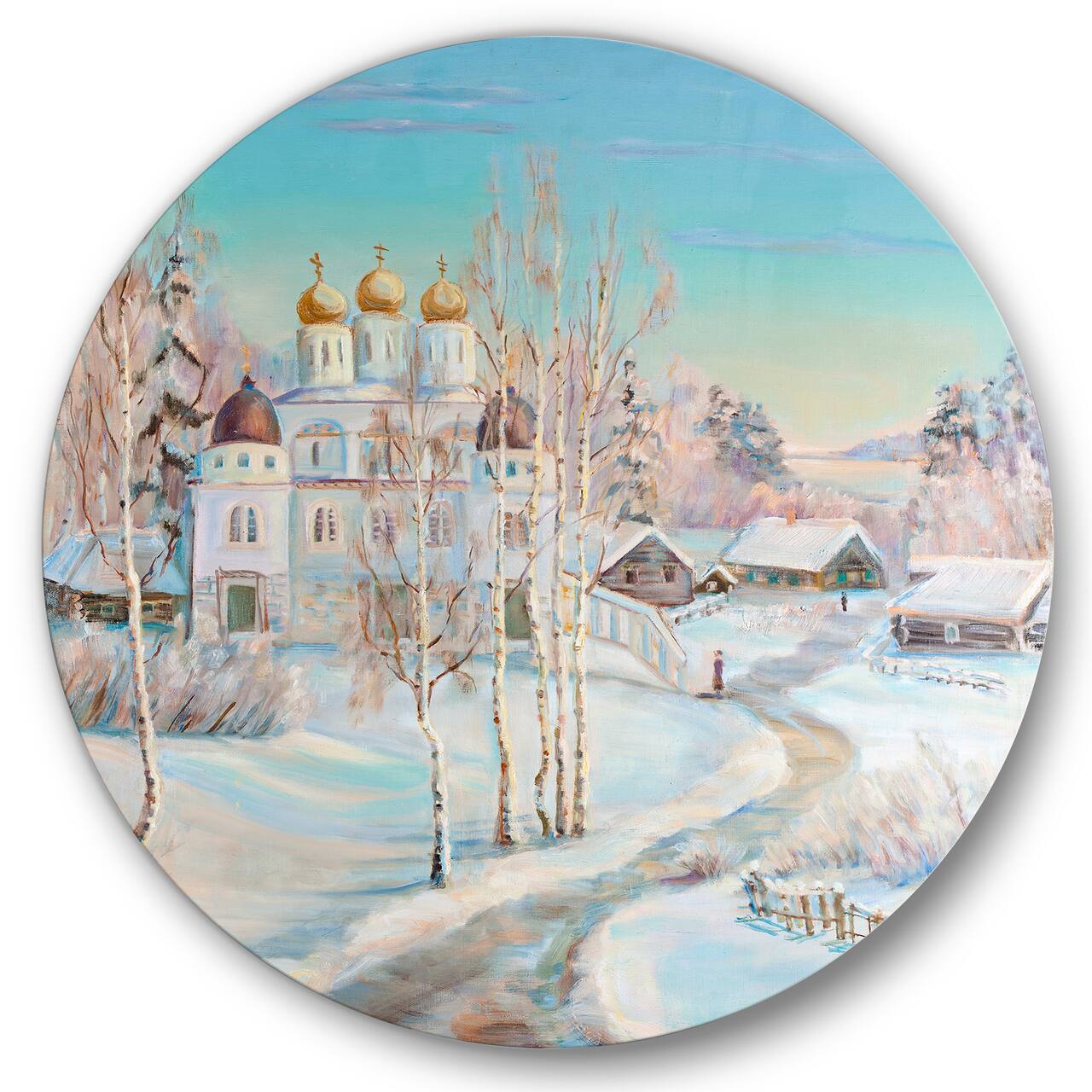 Designart - Country Road In Winter Landscape With Temple - Traditional Metal Circle Wall Art